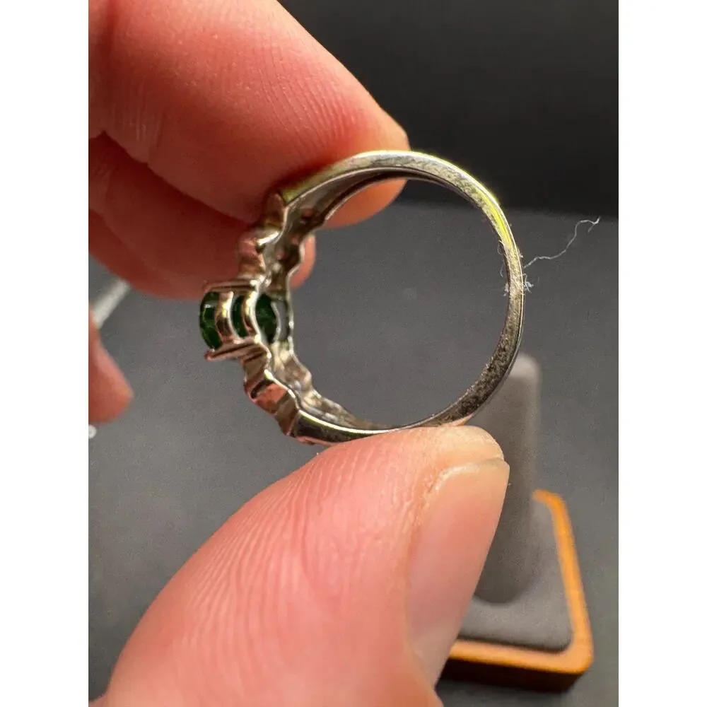 Vtg 925 Sterling Silver Green Tourmaline CZ Ring Oval Solitaire Wave Band Sz 10